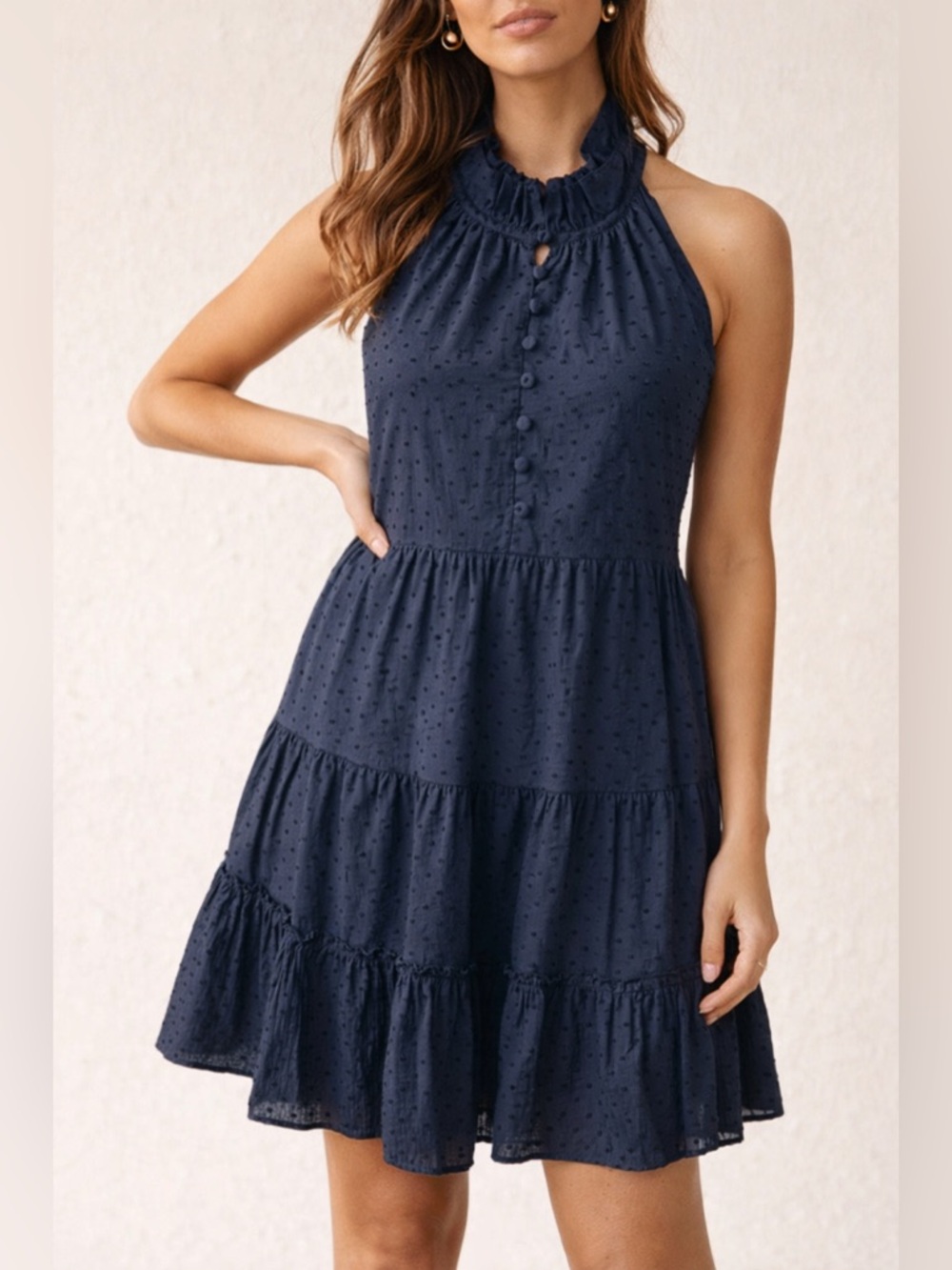 Sundays Navy Halter Mini Dress Swiss Dot Ruffle Tiered Coastal Chic NWOT M